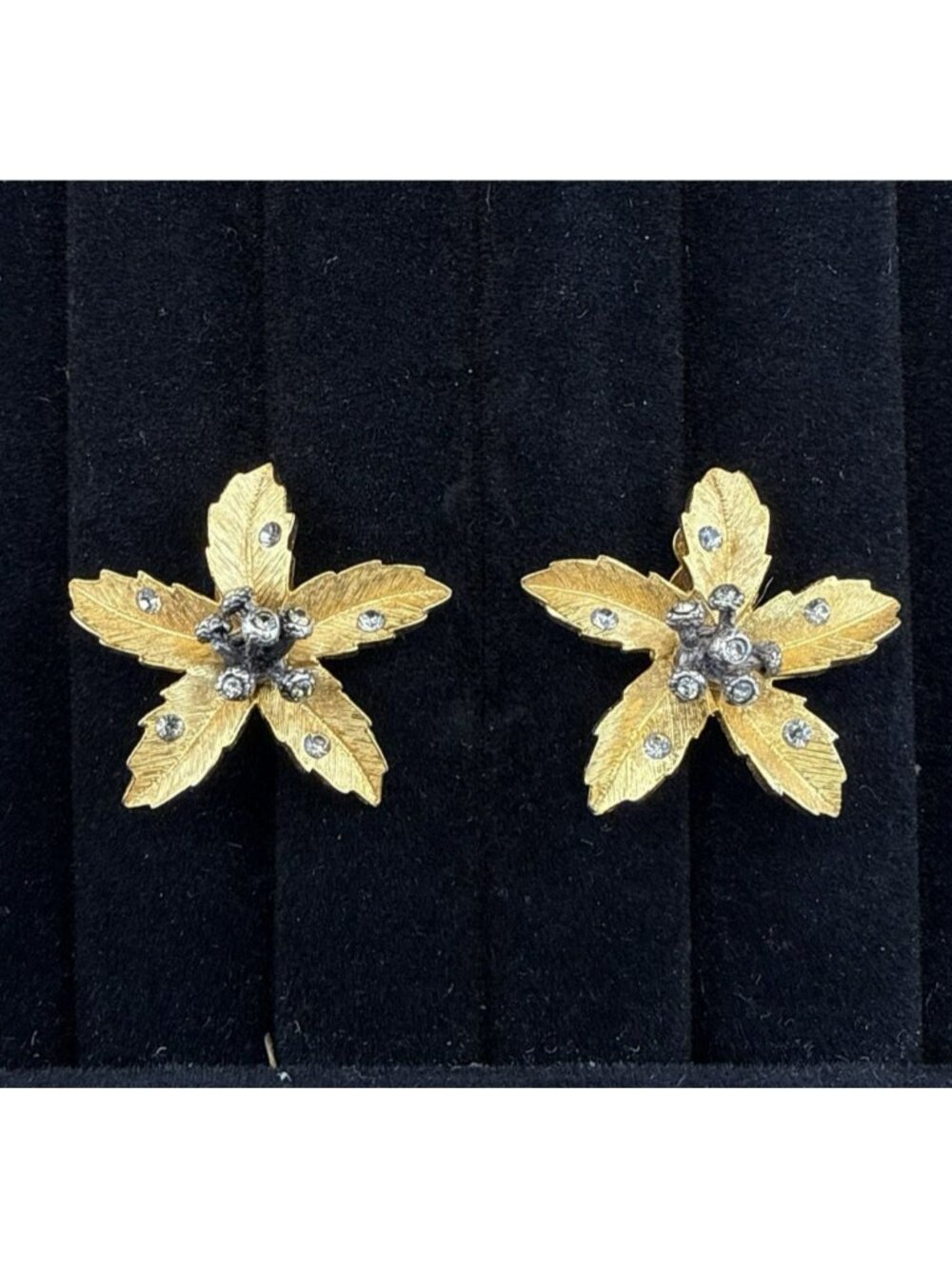 Joan Rivers Earrings Flower Floral Gold Tone Clip On Rhinestone Crystal Nature